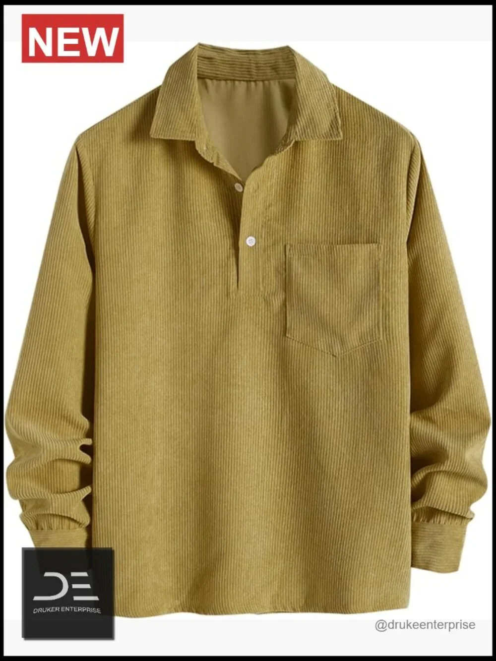 Corduroy Pullover Long Sleeve Polo Shirt with Pocket Button Up